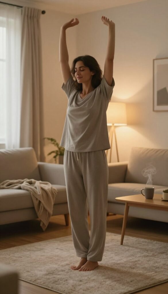 Woman doing a gentle stretch in a cozy living room at dusk
