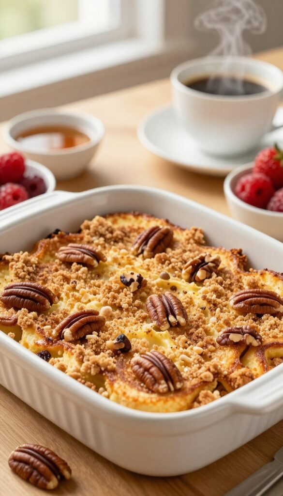 Baked French toast casserole with cinnamon streusel and pecans, served on a wooden table with syrup and berries.