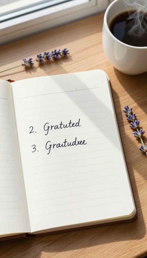 Open notebook with handwritten gratitude list on a wooden desk, coffee cup and lavender nearby, soft morning light