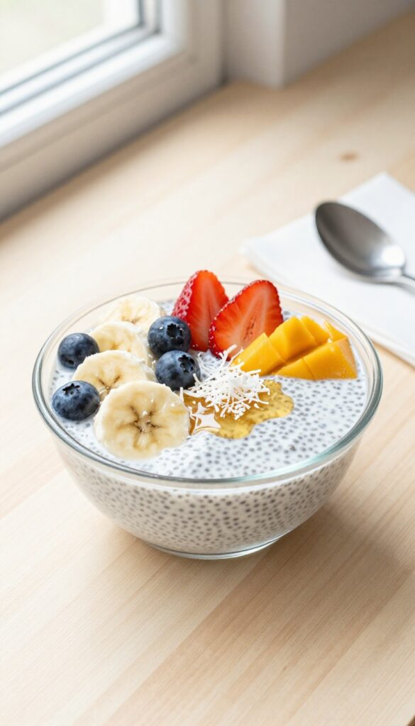 Mixed fruit and chia bowl with banana, berries, mango, and coconut on a wooden table