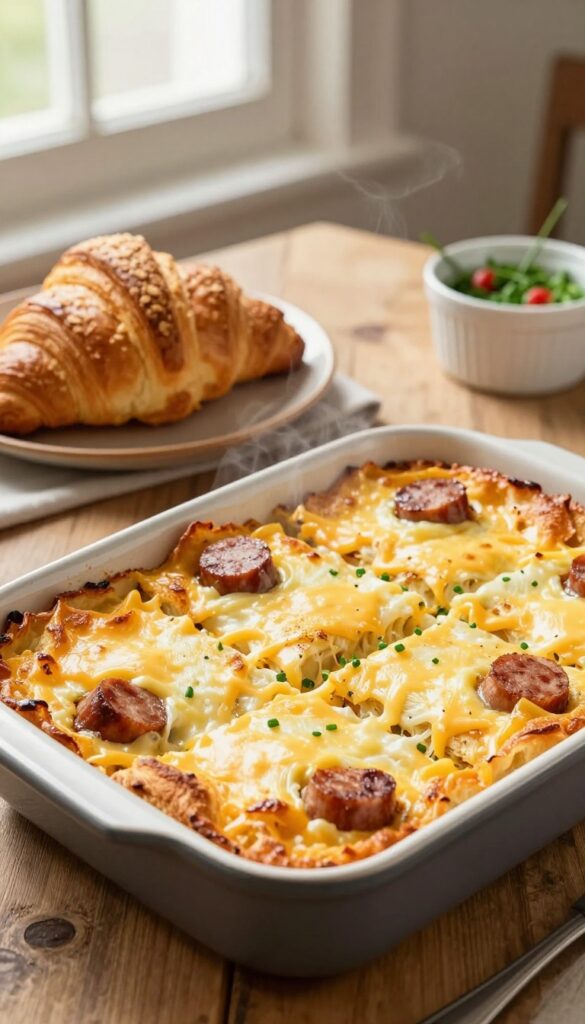 Sausage egg and cheese croissant casserole in a baking dish