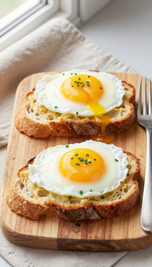Welsh rarebit with poached egg on toast, close-up overhead view