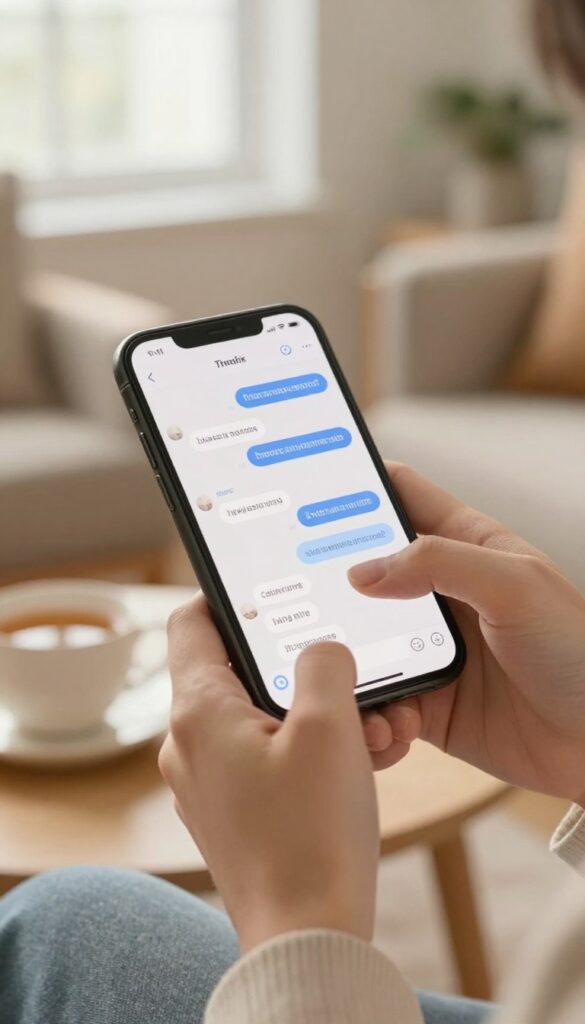 Person holding a smartphone with a text conversation, cozy living room background, warm natural light, cup of tea nearby.