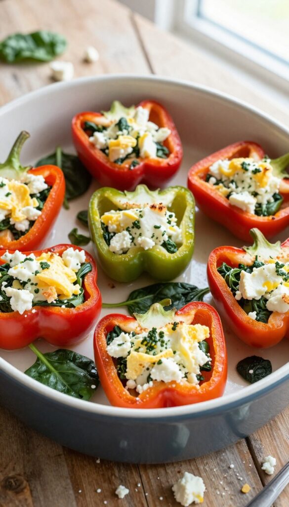 Spinach and feta stuffed mini bell peppers in a baking dish, golden and tender with crispy cheese edges.