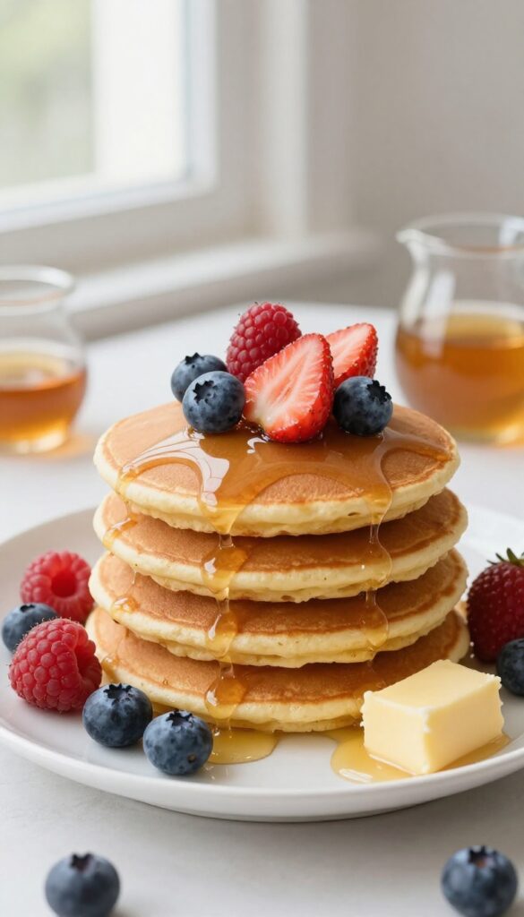 Fluffy buttermilk pancakes with maple syrup and fresh berries