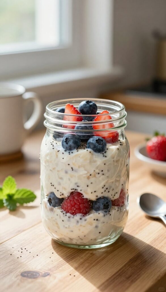 Overnight oats with berries in a mason jar on a kitchen counter