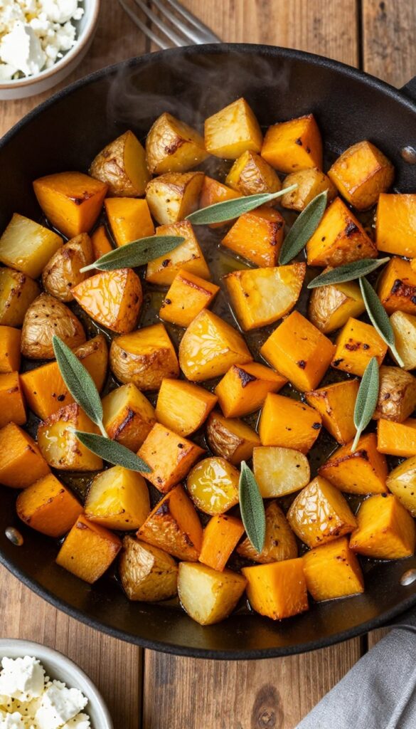 Golden butternut squash and potato hash with fresh sage in a skillet