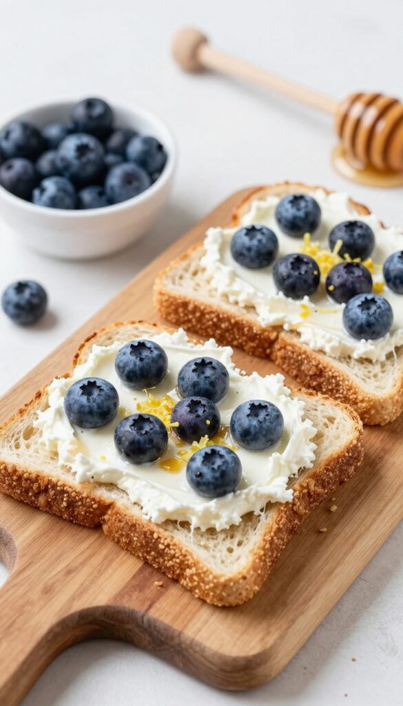 Blueberry lemon ricotta toast on a wooden board with honey and blueberries