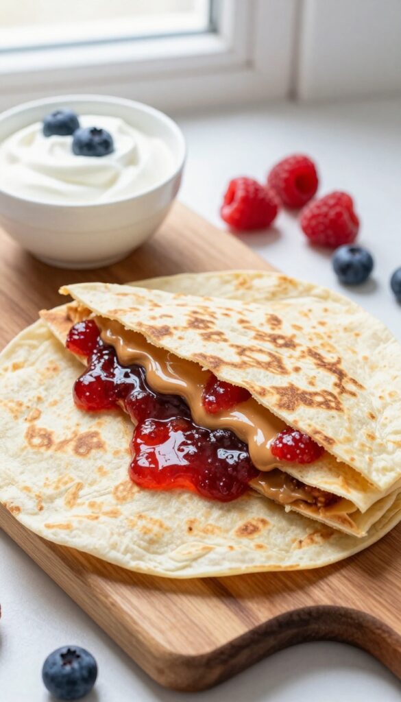 Peanut butter and jelly quesadilla wedges on a cutting board with yogurt and berries
