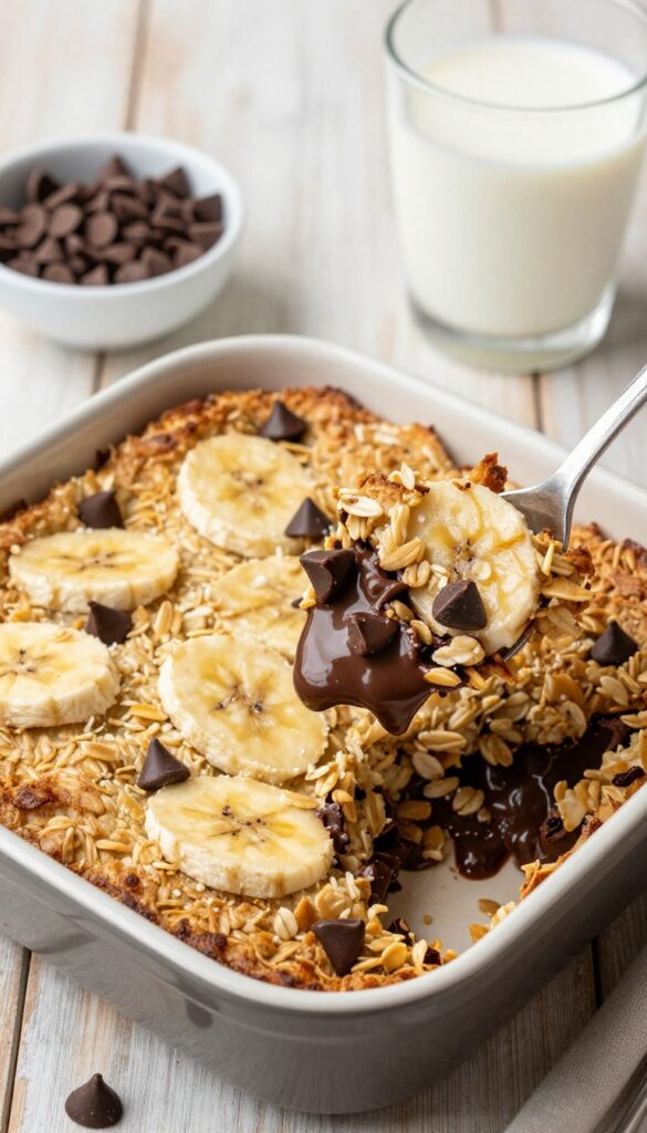 Chocolate chip banana bread baked oatmeal in a baking dish with a spoon, on a wooden table with milk and chocolate chips.