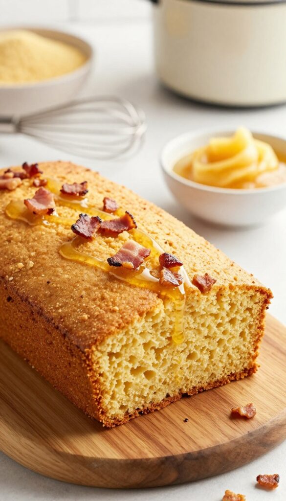 Golden honey butter cornbread with crispy bacon bits on a wooden plate, served with extra honey butter, crockpot in background.