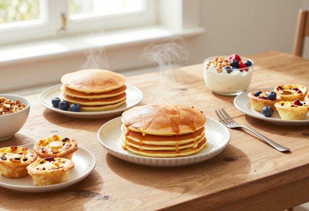 A spread of easy group breakfast dishes on a wooden table, including casserole, pancakes, parfait, and frittatas.