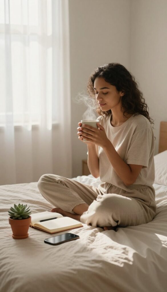 Woman sitting on bed holding a warm mug in soft morning light, with journal and phone face down on nightstand