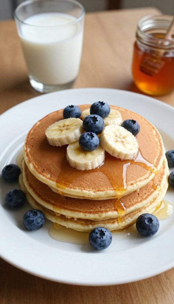 Stack of whole-grain pancakes with banana and blueberries on a plate