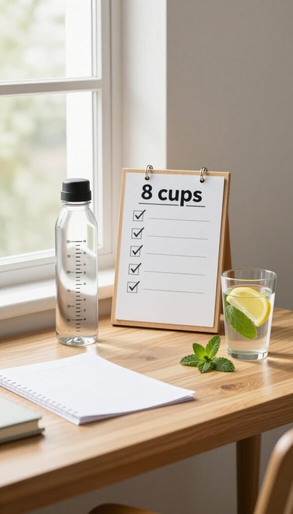 Hydration tracker setup with water bottle and checklist on a desk