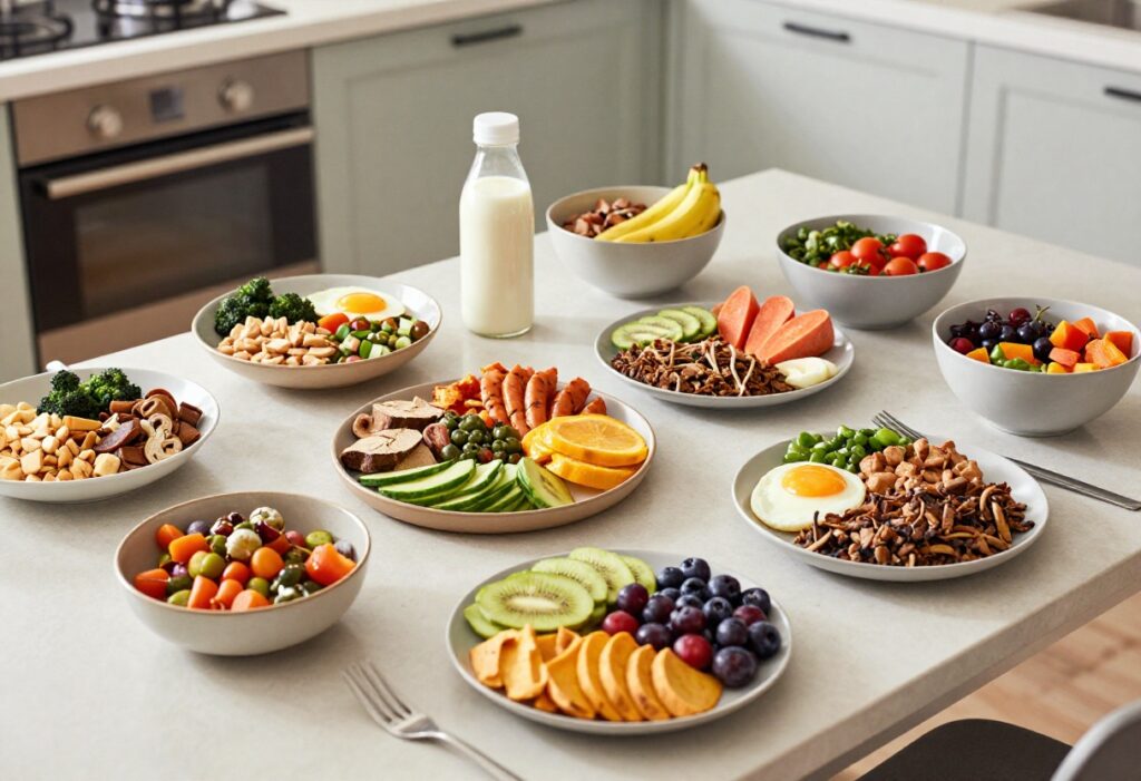 Collage of Candida diet recipes including pancakes, zoodles, and salmon