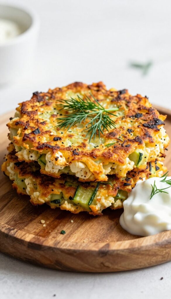 Zucchini and feta fritters with Greek yogurt and dill on a wooden board