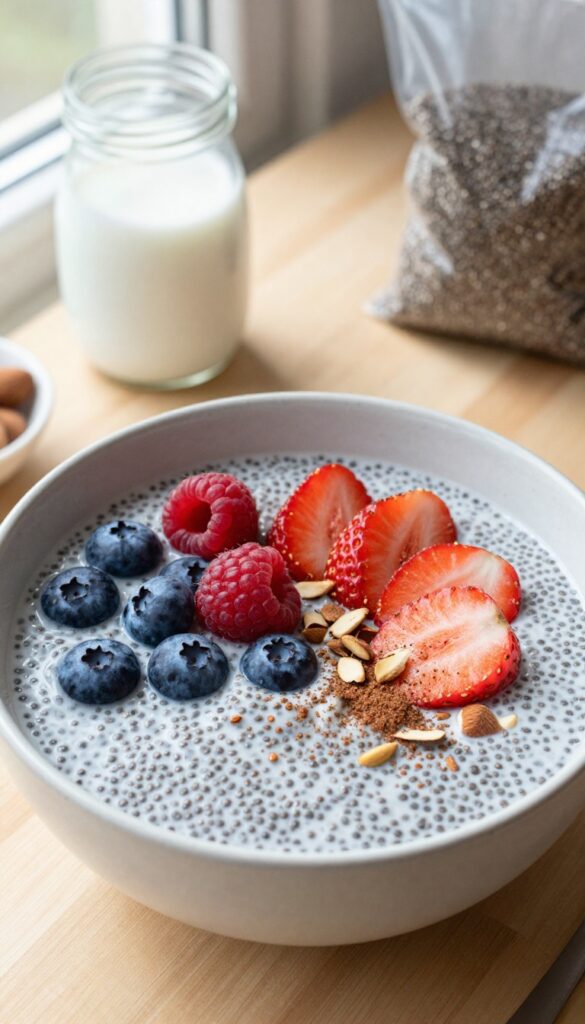 Chia seed pudding with coconut milk and fresh berries in a bowl on a wooden table