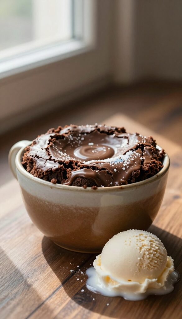 Nutella mug brownie with vanilla ice cream on a wooden table