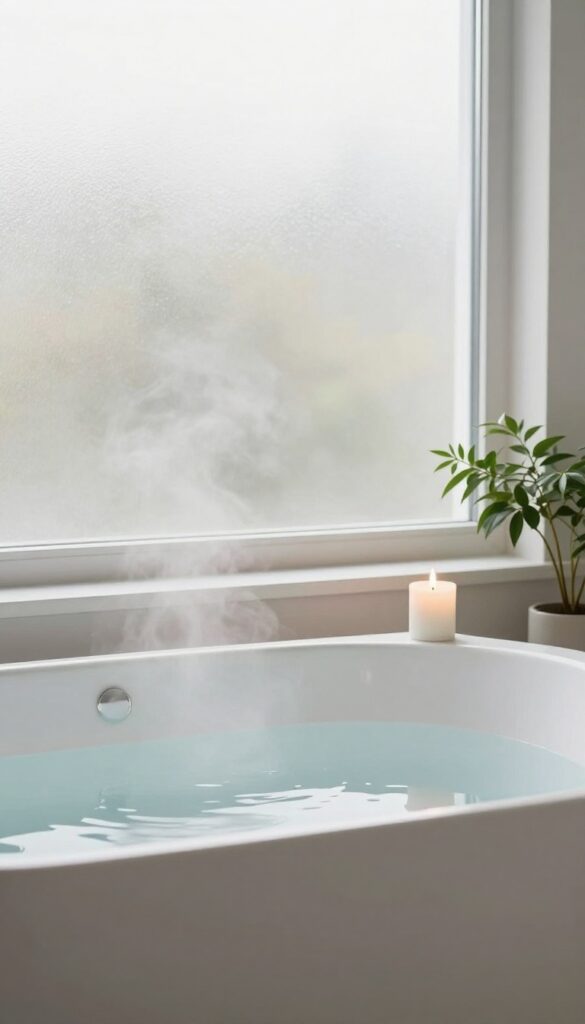 A warm bath with candle and steam in a bright, serene bathroom
