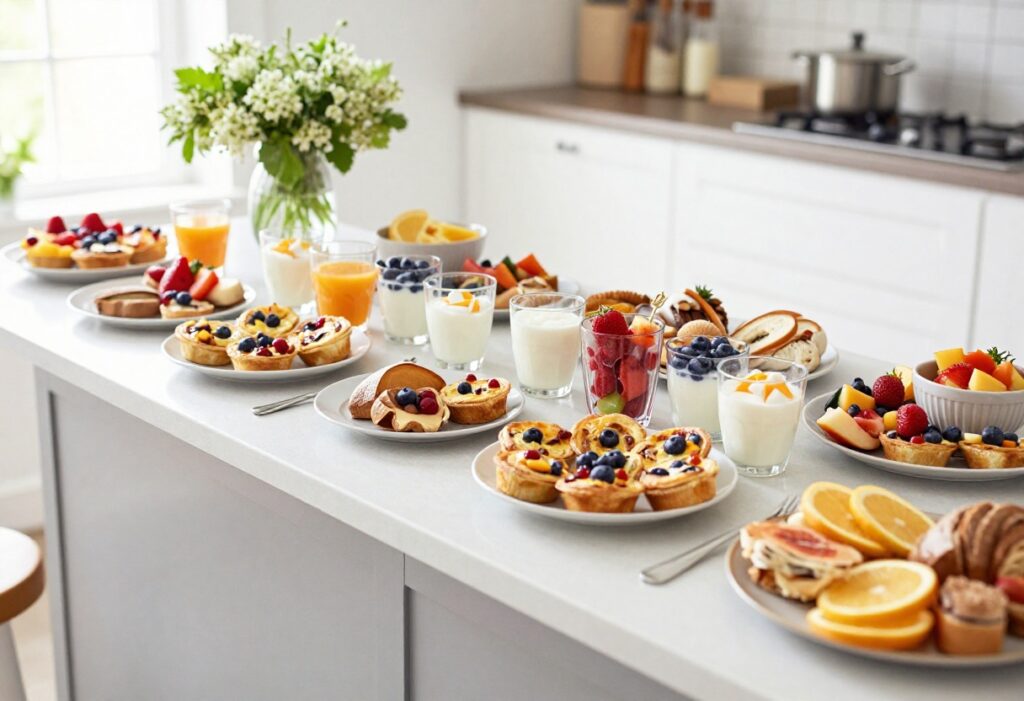 Small kitchen breakfast bar with assorted party-friendly breakfast bites on a clean countertop.