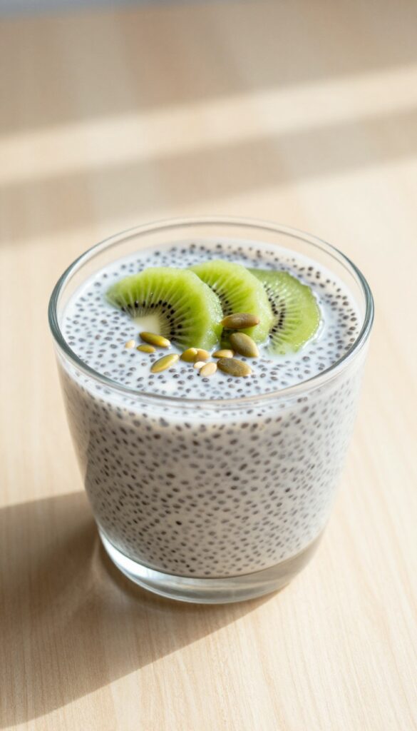 Chia seed pudding with kiwi and pumpkin seeds on a wooden table