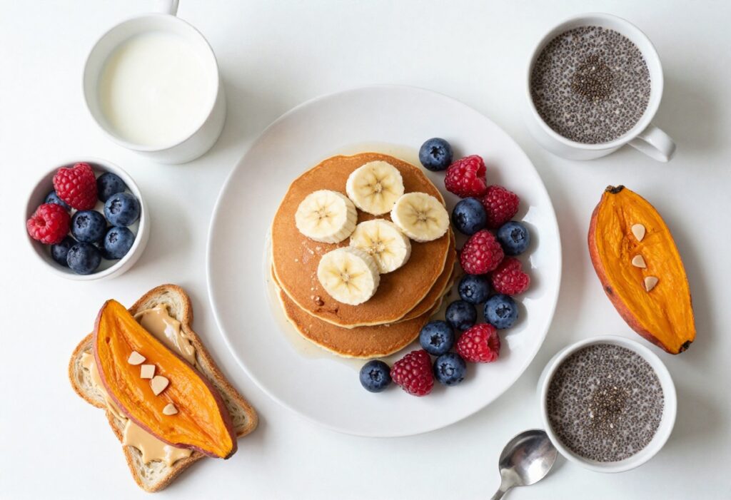 A colorful breakfast spread with banana pancakes, yogurt parfait, sweet potato toast, and chia pudding on a white table.