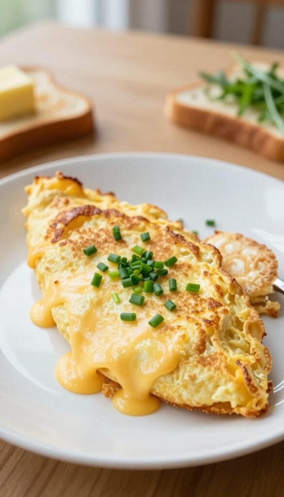 Classic cheese and herb omelet on a plate with melted cheddar and chives, served with buttered toast and arugula salad