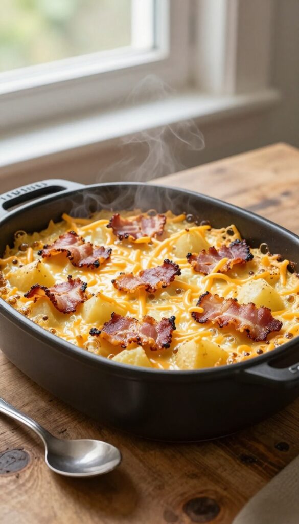 Close-up of a loaded bacon and cheddar egg casserole in a crockpot, with melted cheese and crispy bacon on top, steam rising, set on a wooden table in natural light.