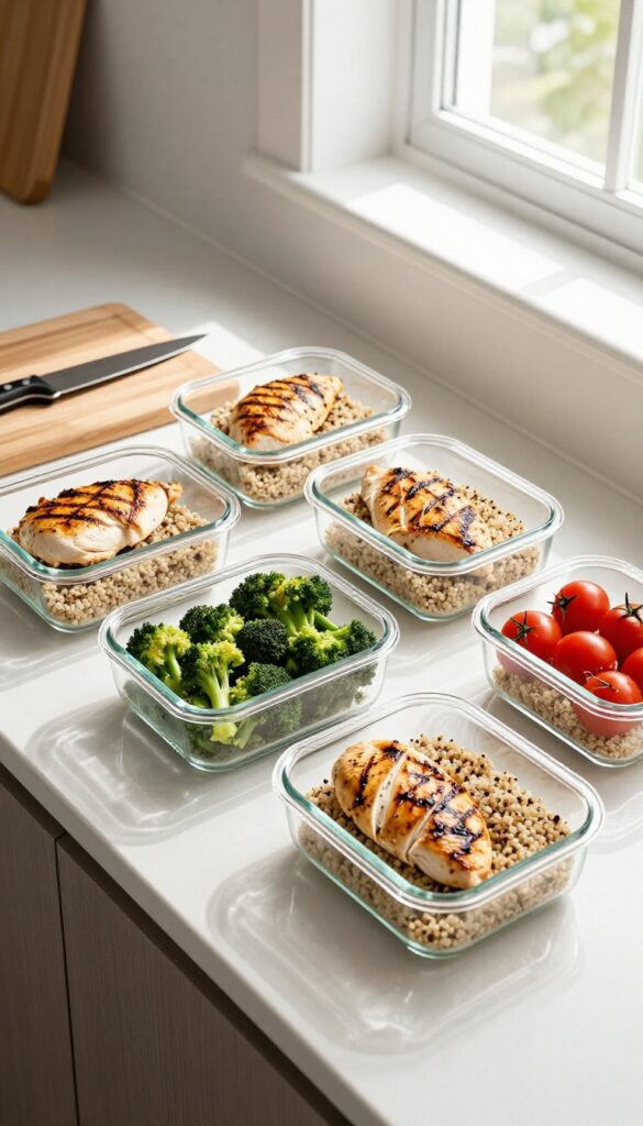 Meal prep containers with high-protein foods on a kitchen counter