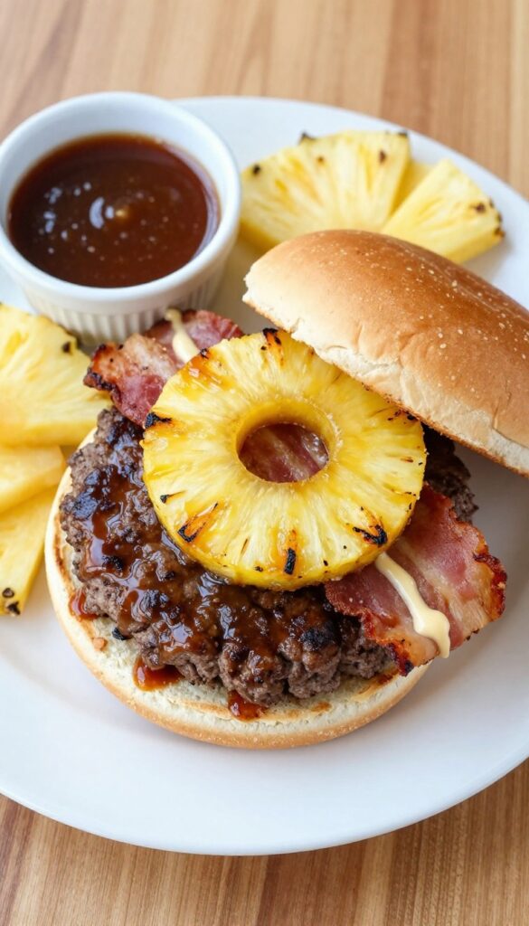 Hawaiian Teriyaki Pineapple Burger with grilled pineapple and bacon on a sweet roll