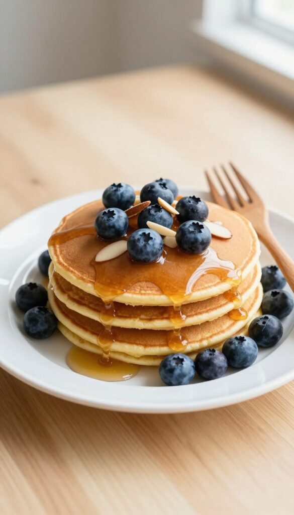 Stack of banana egg pancakes with maple syrup, blueberries, and almonds on a plate