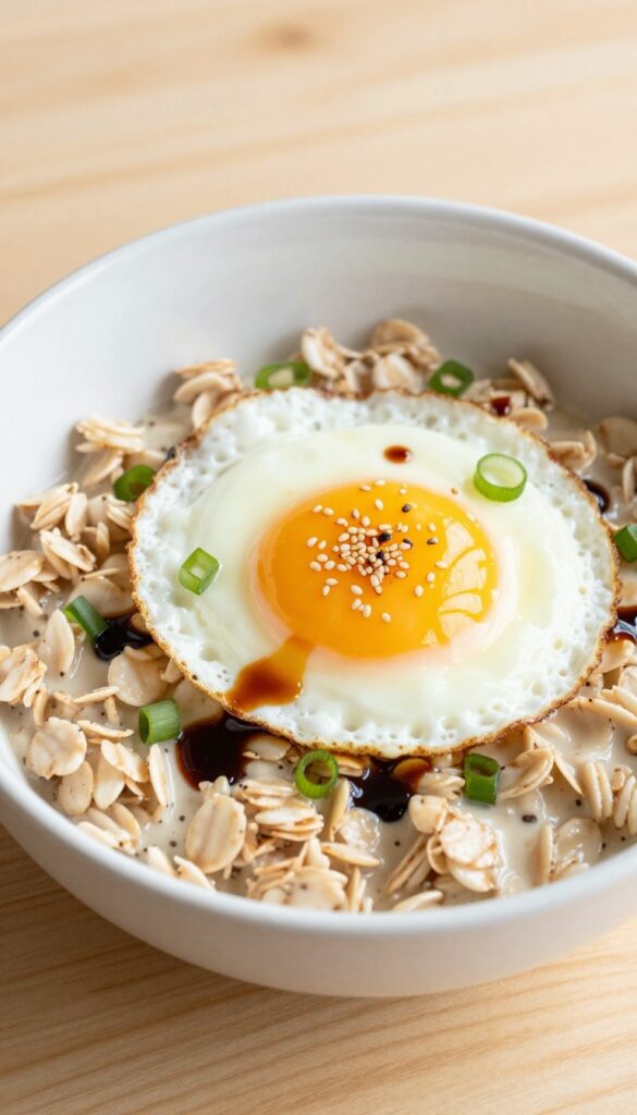 Savory oatmeal bowl with fried egg, scallions, soy sauce, and sesame seeds