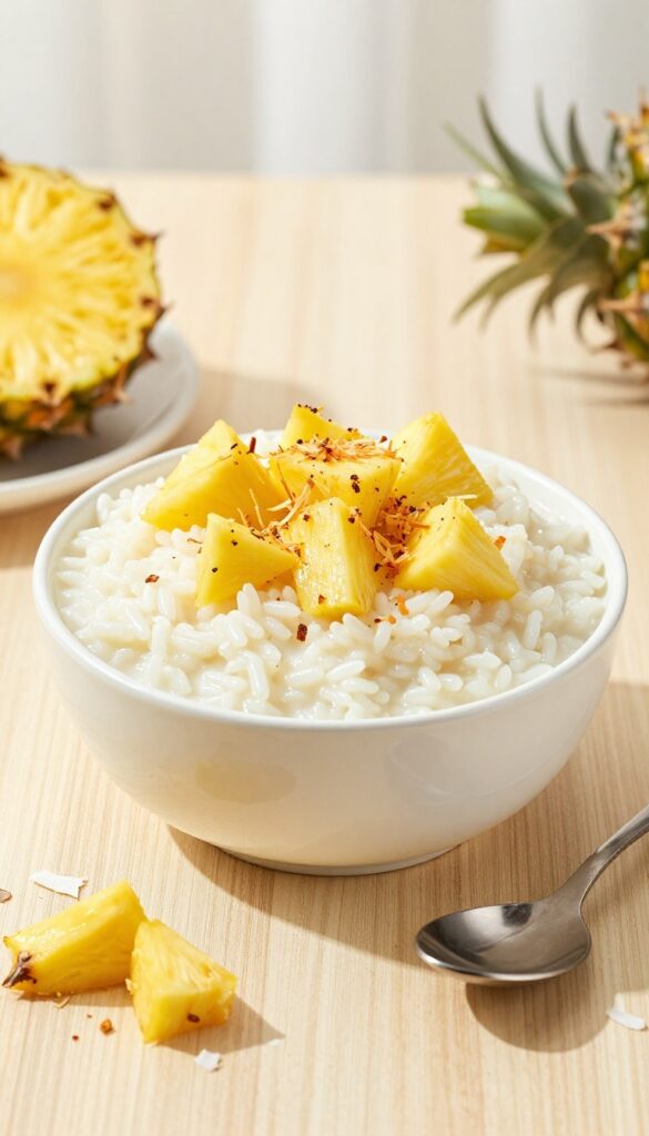 Creamy coconut rice pudding topped with pineapple and toasted coconut in a bowl on a wooden table