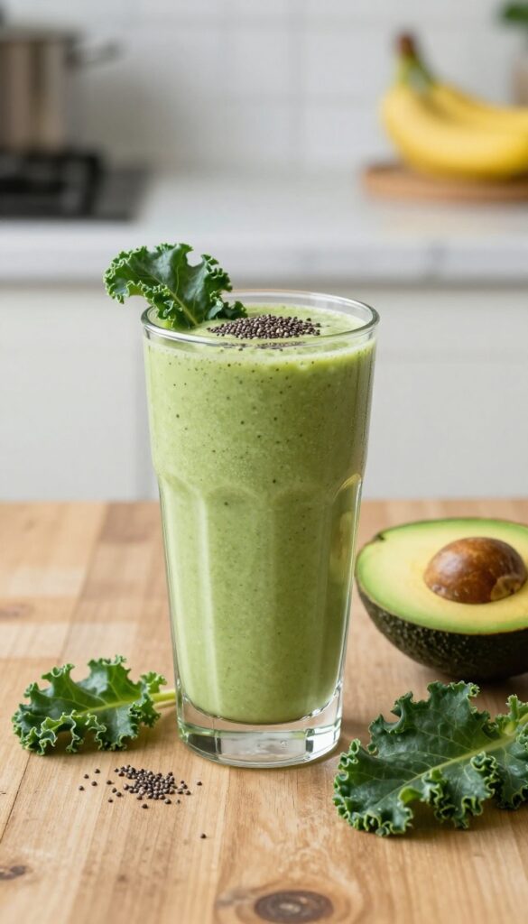 Creamy avocado kale smoothie in a glass with fresh ingredients on a wooden table