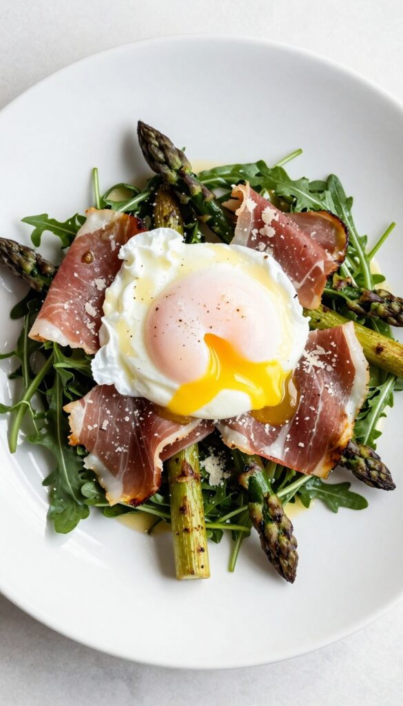 Roasted asparagus and prosciutto breakfast salad with arugula and poached egg