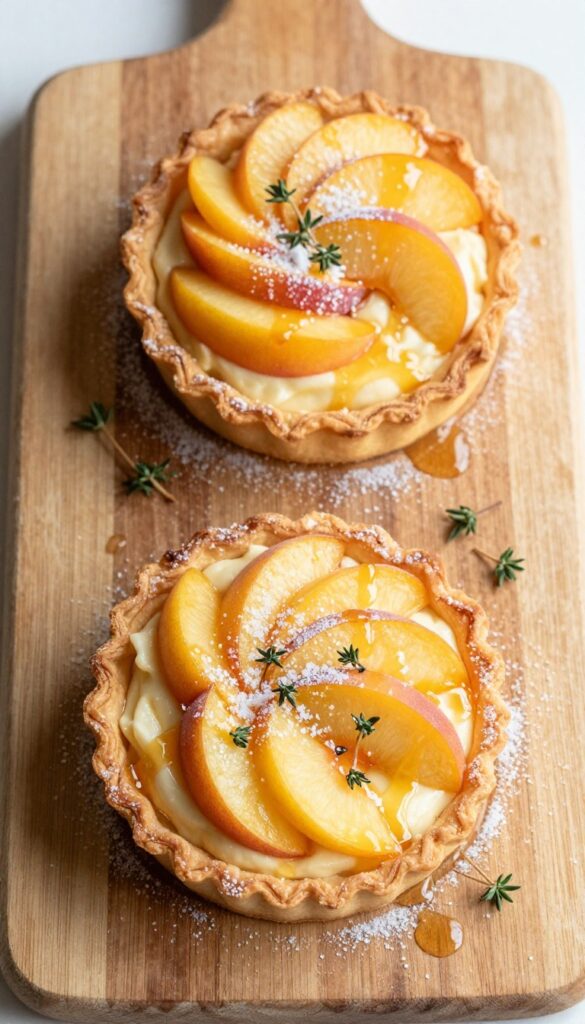 Golden puff pastry tarts topped with mascarpone and fresh peach slices