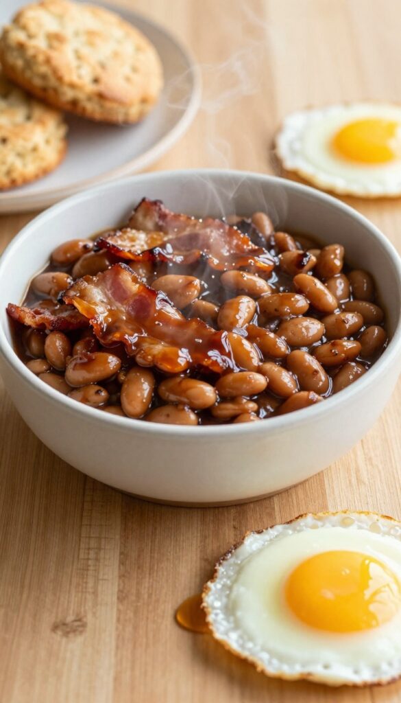 Bowl of maple bacon baked beans with biscuits and fried egg