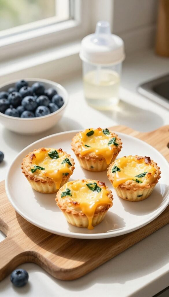 Mini cheesy egg and spinach muffins on a plate with blueberries and a sippy cup, bright natural light.