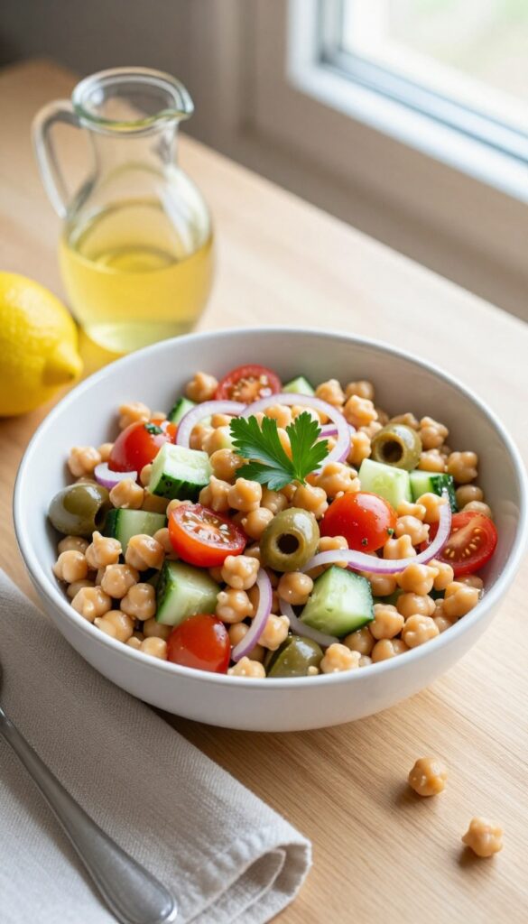 Mediterranean chickpea salad with lemon vinaigrette in a white bowl on a wooden table