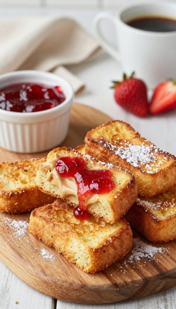 Golden brown peanut butter and jelly stuffed French toast fingers on a wooden board with a small dish of jam, dusted with powdered sugar, in bright natural light.