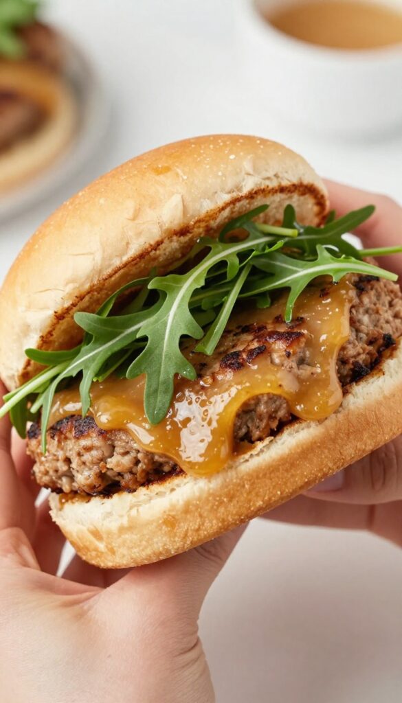 Maple sausage and apple butter burger with arugula on a potato bun