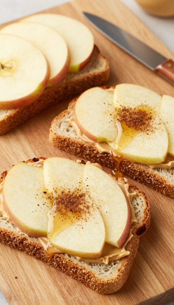 Peanut butter and apple cinnamon toast on a wooden board with honey drizzle and cinnamon stick.
