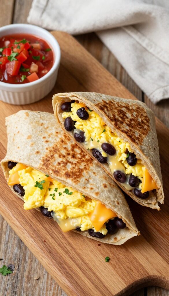Whole wheat breakfast burrito cut in half with eggs, beans, and cheese, served with salsa on a wooden board.