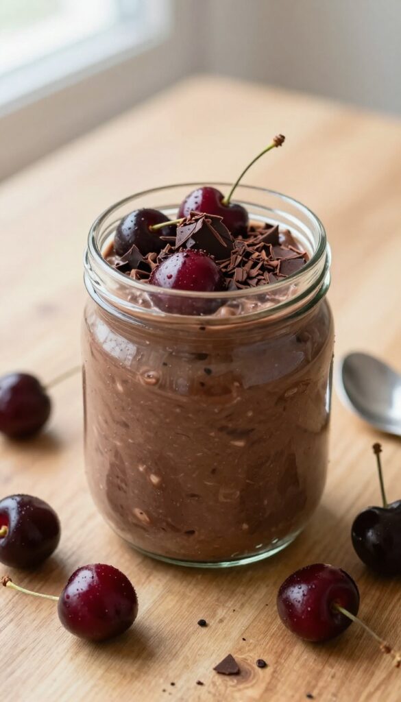 Chocolate cherry overnight oats in a glass jar on a wooden table.
