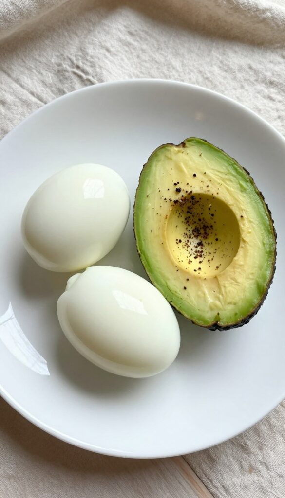 Two hard-boiled eggs and half an avocado on a plate