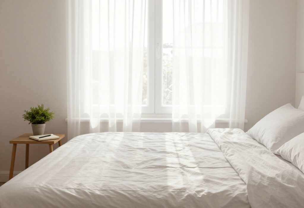 Peaceful bedroom with morning light, bed, plant, and journal for self-care