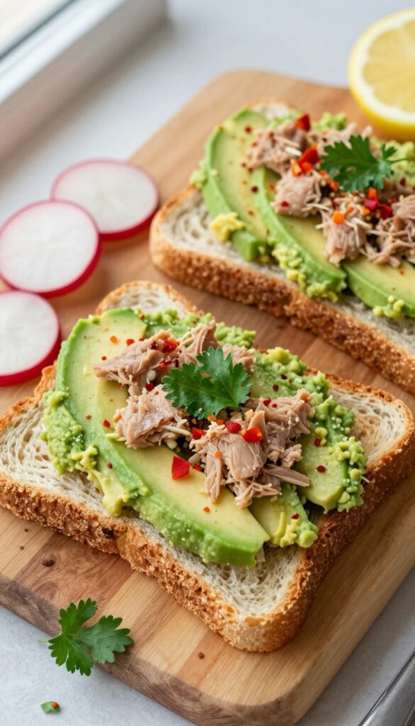 Tuna avocado toast on a wooden board with lemon and radish slices