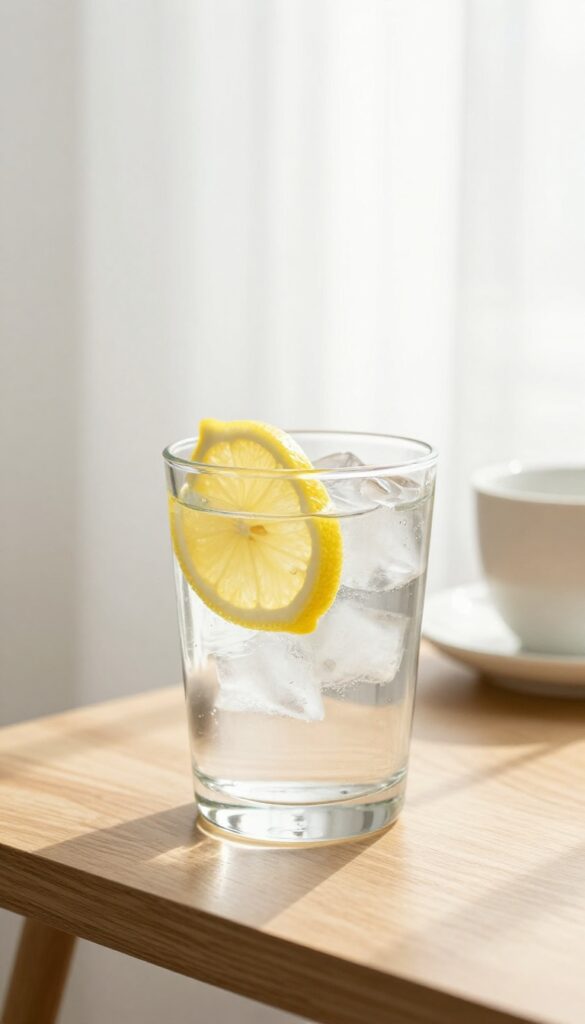 A glass of water with lemon on a nightstand in soft morning light