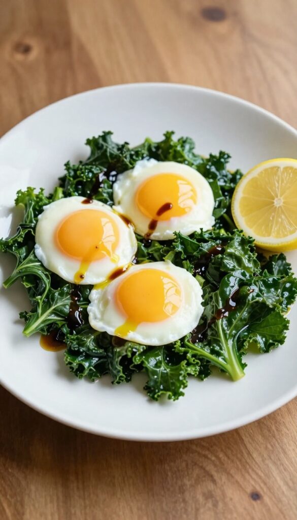 Poached eggs over sautéed greens on a plate